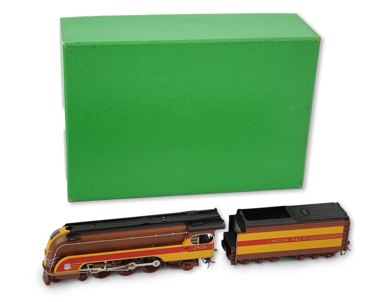 A boxed HO gauge Overland Models Inc. model of Union Pacific P77, 2906, streamlined 4-6-2 locomotive with bogie tender, powered for two rail operation.